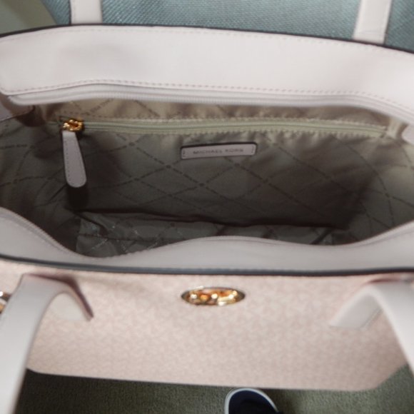NWT $498 MICHAEL KORS CARMEN MK Monogram LARGE TZ DK PWDR BLSH Tote Shoulder BAG - Picture 9 of 11